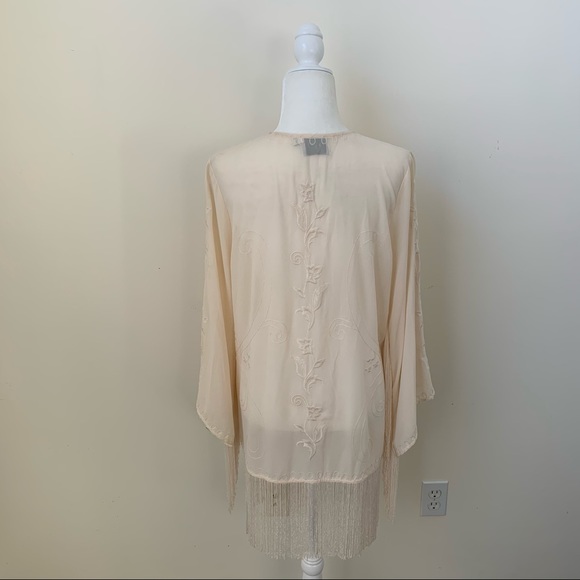 Lush Cream Embroidered Fringe Wide Sleeve Kimono - Picture 7 of 10